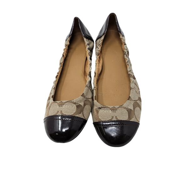 Coach 9.5 Callie Ballet Flat Signature Brown Cap Toe Leather Logo Casual - Picture 2 of 4